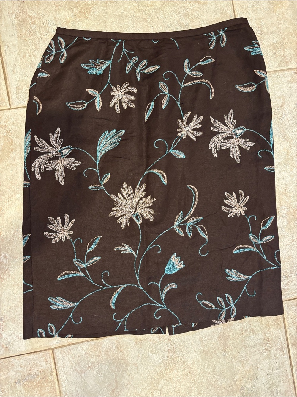Ann Taylor Brown Pencil Skirt with Blue & Cream Floral Embroidery